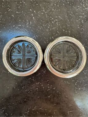 FB Rogers STERLING Silver Midcentury Pressed Cut Glass Coasters - Set of 2